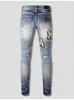 Pantalones vaqueros skinny ajustados y rasgados de color claro para hombre con parche de letra AMR, marca de moda de alta gama transfronteriza, elásticos