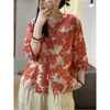 Camisa Casual Literaria y Cómoda de Algodón y Lino para Mujer con Mangas Tres Cuartos Nuevo Estilo Verano 2025 Escote Exquisito Top Retro de Flores Grandes