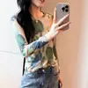 Camiseta de Manga Larga con Estampado Difuminado de Nuevo Estilo Otoño e Invierno para Mujer, Moderna y Única, Efecto Adelgazante, Estilo Occidental, Camiseta Interior de Alta Elasticidad, Tendencia