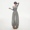 2 Cores 2026 Estilo Casual Preguiçoso Emagrecedor Top Amplo Calça Banana de Perna Larga Cordão Conjunto Casual Feminino