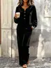 Ropa de otoño e invierno nueva para mujer europea y americana transfronteriza: traje casual de terciopelo con top de manga larga abotonado y pantalones largos holgados conjunto de dos piezas