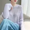 Suéter de punto de terciopelo y lana casual estilo francés para mujer, cuello redondo, diseño calado, manga larga, corte holgado, adelgazante, blanco