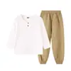 Conjunto de verão para bebês: algodão plissado, respirável, camiseta de manga comprida color-blocking e calça jogger conjunto de duas peças para meninos e meninas, fresco e à prova de mosquitos