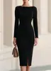 Vestido elegante de comprimento médio, justo ao corpo, com mangas compridas ombro a ombro, cintura franzida e fenda, para o trabalho, europeu e americano, de venda transfronteiriça