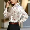Roupas femininas transfronteiriças da Amazon europeia e americana: Camisa de cetim floral com gola e manga longa, top elegante com estampa para o trabalho para mulheres