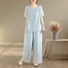 Conjunto Bordado Vintage de Seda e Linho para Mulheres 2026 Novo Estilo Artístico Solto Camisa de Gola Redonda e Calça de Cintura Elástica Wide-Leg Conjunto de Duas Peças