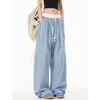 Pantalones a cuadros azules estilo americano, fluidos, para mujer, primavera/verano, corte casual holgado, adelgazantes, con cordón, pierna ancha, casual, para caminar