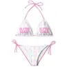 Bikini de dos piezas de estilo de comercio exterior de moda con cuello de corbata de tres puntos y estampado de letras dopamina para verano