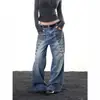 Jeans Retro Americano Estilo Corte Multi-Botões Cintura Baixa para Homens e Mulheres Outono Novo Design Sensação Calças de Perna Larga Comprimento Total