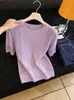 Suéter de Punto Retro Chic Elegante de Cuello Redondo Manga Corta Color Sólido para Mujer, Nuevo Estilo de Verano, Súper Bonito y Moderno, Top Adelgazante