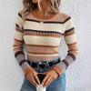 X7036 Amazon Primavera e Outono Temperamento Tricô Transfronteiriço Novo Top Feminino com Fio Listrado em Contraste Suéter da Moda