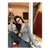 Camisa de Base de Veludo com Fio e Manga Longa para Mulheres Início do Outono Cinza Camiseta Slimming Look Chic Coreano Top