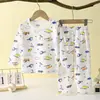 Traje de Casa de Algodão Puro para Bebê Verão Pijama Cartoon para Meninos e Meninas Respirável Fino Manga Nove Pontos Traje de Ar Condicionado Infantil