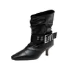 Botines Skinny Fruncidos de Tacón Bajo Apuntado Estilo Retro para Mujer 2026 Nuevo Estilo Otoño/Invierno Botas Delgadas Plisadas Botines Cortos Botas Vaqueras