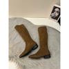 Botas Longas Retro de Camurça com Salto Grosso Calçados Femininos 2025 Novas Botas Slim Forradas com Lã Outono e Inverno Botas de Cavaleiro de Cano Médio