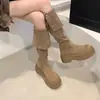 Botas de Cavaleiro de Cano Alto com Solado Grosso para Usar de Duas Maneiras, Botas Slim Acima do Joelho para Mulheres, Novidade Outono e Inverno 2024, Botas Cáqui com Fivela de Cinto