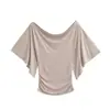 Camiseta de Punto Ajustada para Chicas con Cuello Oscilante y Mangas de Campana para Mujer Xia Chun Quiere Diseño de Cuello de un Carácter Top Pequeño Chic Versátil