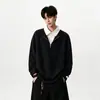 Moletom falso de duas peças masculino moderno manga longa marca ajuste camada base primavera outono roupa íntima camiseta lisa estilo americano polo relaxado