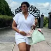 Ropa Femenina Europea y Americana 2025 Nuevo Otoño Dulce y Fresca Camiseta de Manga Murciélago con Cuello en V Shorts Rectos de Cintura Alta Conjunto de Dos Piezas
