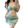 [Mambo Menta] Bikini Sexy de Tres Piezas con Falda Dividida, Reunión para Pecho Pequeño, Traje de Baño para Vacaciones en la Playa y Aguas Termales