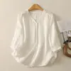 Camisa de Linho de Alta Qualidade Cor Sólida para Mulheres, Estilo Verão, Emagrecedora, Casual, Manga Meia-Manga, Decote V, Blusa Solta de Linho