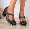 Zapatos de tacón alto de lunares retro, color de letra en bloque, hebilla de moda, zapatos de un solo color, Brogue T, zapatos Mary Jane para mujer, tacón grueso, estilo británico