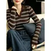 Tricô Outerwear Gola Polo Listrado Estilo Coreano para Mulheres Nicho Emagrecedor Versátil Camada Base Suéter Top para o Trabalho