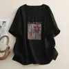 Toma Real de Tops de Algodón y Lino Estampados Vintage para Mujer, Suéter Holgado de Cuello Redondo y Manga Media, Camiseta Versátil y Transpirable para Mujer