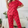 Estilo europeu e americano tamanho plus size mulher gorda homem gordo roupa de casa extra grande extra gordo coração gola redonda manga curta calça comprida conjunto de pijama feminino