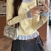 Camiseta de Manga Larga a Cuadros Falsa de Dos Piezas para Mujer, Nuevo Estilo Otoño e Invierno, Camiseta Base de Capa Interior con Encaje, Top Dulce y Picante Chic, Amarillo