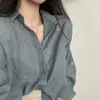 Camisa de verão coreana estilo ins, simples, cor sólida, de abotoamento simples, gola de lapela, plissada, manga longa, corte solto, curta, protetora do sol