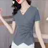 Camiseta Nueva de Verano 2025 de Manga Corta, Color Sólido de Moda, Versátil y Elegante, Diseño Irregular, Nuevo Estilo Chino