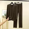 Pantalones Largos de Modal Traje para Casa para Hombre Otoño Delgado Camiseta de Cuello Redondo Pantalones Rectos Sueltos Conjunto de Dos Piezas
