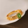 Anel Feminino S925 Prata Esterlina Banhado a Ouro Jaspe Hetian Padrão Vazado Decorativo Abertura Personalidade Retrô