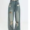 Calça Jeans Rasgada Estilo Americano Plus Size para Mulheres, Cintura Alta, Corte Reto, Modelagem Solta, Emagrecedora, Vibe High Street, Perna Larga, Comprimento no Chão
