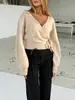 Suéter Curto de Tricô Feminino Independente eBay Primavera e Outono com Alças de Amarração Gola V Cor Sólida Cruzado Simples Top Irregular