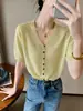Cárdigan único de Tencel con botones y cuello en V, de tejido texturizado y transpirable, elegante chaqueta de manga corta para primavera y verano con un toque de alta gama