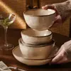 Conjunto vintage de tigela de arroz e prato com esmalte de forno estilo japonês, louça de cerâmica para uso doméstico, incluindo tigelas, pratos, tigelas de sopa, tigelas para macarrão e pratos de servir