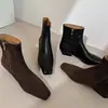 Botas Curtas Femininas de Couro Genuíno e Couro Nude, Novo Estilo Outono e Inverno, Couro Bovino e Pele de Ovelha, Bico Quadrado, Zíper Lateral, Salto Baixo, Botas Individuais Femininas, Botas Curtas Tamanho 40