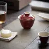 Langhong Cuenco Dorado con Tapa Set de Té Kung Fu Cerámica Imitación Cuenco de Té Dorado Hogareño Estilo Chino Rojo Cuenco de Té Principal