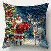 Funda de Almohada Estampada de Reno y Muñeco de Nieve Navideño Set Azul de Cuatro Piezas Funda de Cojín de Atmósfera para Sofá de Sala de Estar Navideña Respaldo
