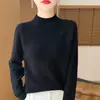 Suéter de punto liso 100% lana con patrón de siete puntos, cuello medio alto, manga raglán, color sólido, base gruesa para mujer