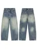 Ropa para Hombre Muqiu Estilo Callejero Americano Vintage Degradado Lavado Deconstruido Jeans de Cuchillo Curvo Pantalones Anchos Sueltos para Hombre