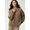 26 Nuevo Suéter de Cachemir Retro de Punto Trenzado con Cuello Redondo para Mujer Otoño/Invierno, Corte Holgado, Estilo Relajado, Top Base de Punto Adelgazante
