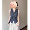 Chaleco Retro Sexy Azul a Cuadros con Escote en V y Corbata de Moño Ropa de Verano para Mujer Delgado sin Mangas Hermoso Top