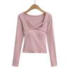 Moda Invierno 2024 Cuello Cuadrado Cuerda Cruzada Almohadilla de Pecho Manga Larga Camiseta Top Transfronterizo Amazon Mujer X92431