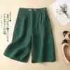 Calça Reta de Algodão e Linho Wide Leg Estilo Retrô Cinco Pontos Verão Cintura Elástica Shorts Casuais Femininos