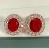 Aretes de botón de tesoro de color diamante completo de venta caliente en vivo, aretes de botón de rubí natural de imitación ovalado de 6 quilates con incrustaciones de alta calidad, anillo