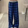 Pantalones Casuales a Cuadros Retro Americano para Mujer, Pantalones de Pierna Ancha con Parche de Letras en la Cintura para Verano, Pantalones Sueltos de Caída Rectos hasta el Suelo