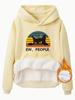 Suéter feminino transfronteiriço outono e inverno feminino bolso canguru com capuz manga comprida forrado de lã engrossado EW,PESSOAS. Impressão